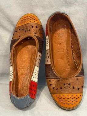 Spring Step Multicolor Leather Patchwork Slip-Ons in Yellow, Red, Blue, Tan